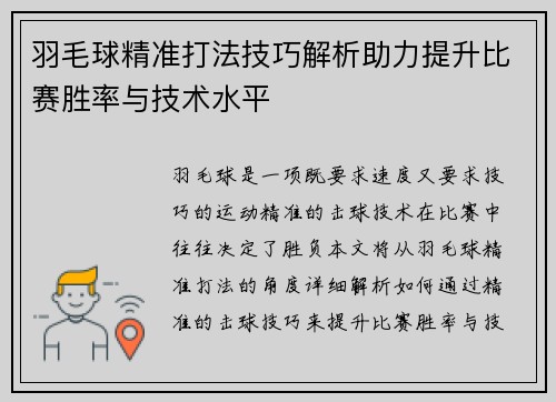 羽毛球精准打法技巧解析助力提升比赛胜率与技术水平